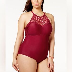 RAISINS CURVE Magenta Pink Crochet High Neckline One Piece Swimsuit NWT